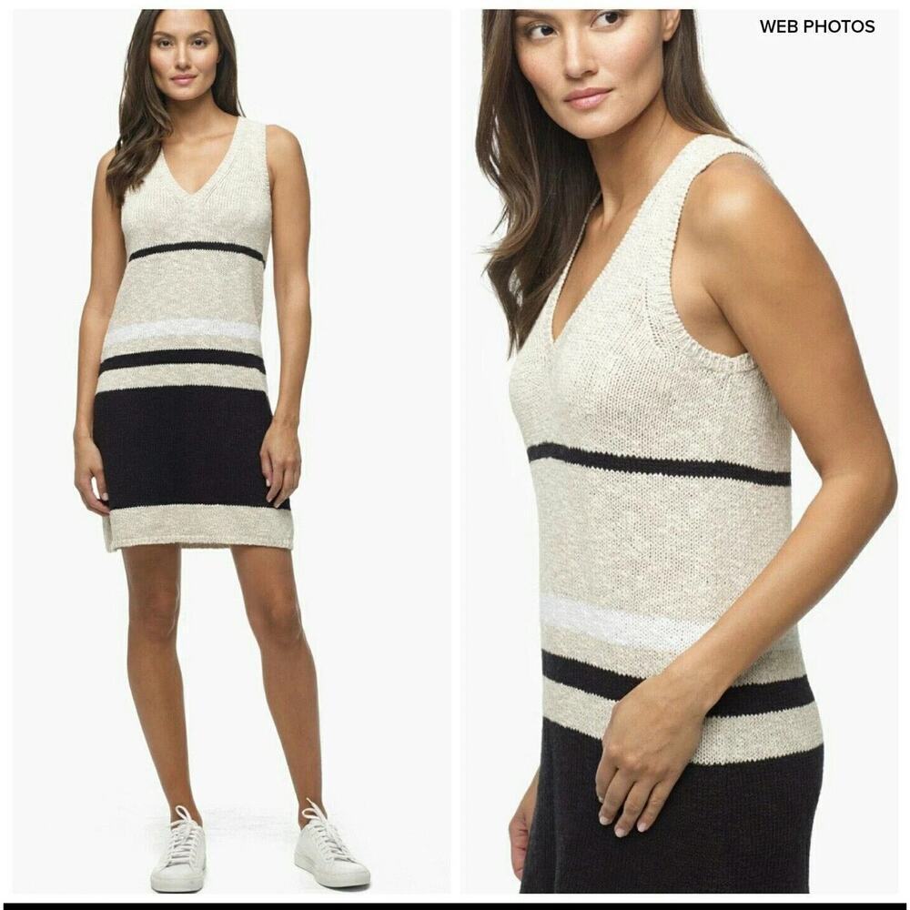 James Perse Los Angeles Cotton Linen Ivory striped sweater knit dress US 0 XS